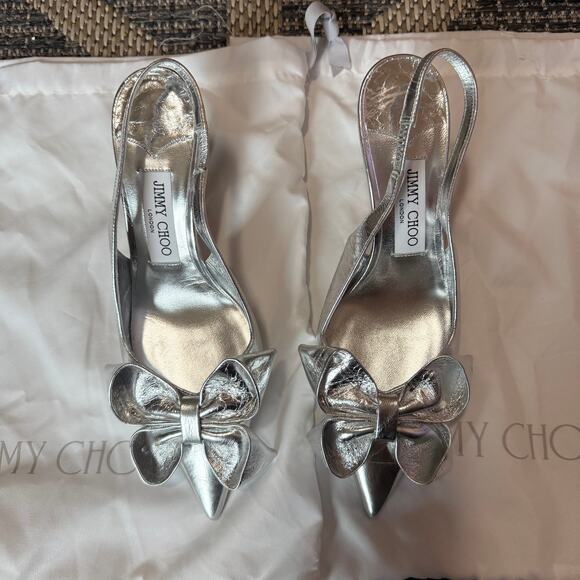 Jimmy Choo Staz 70MM Bow-Embellished Leather Slingback Pumps Silver Size 38 - Picture 7 of 9